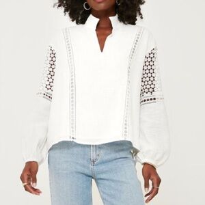 Tuckernuck White Eyelet Lace Jane Top size M Relaxed Fit Long Blouson Sleeves